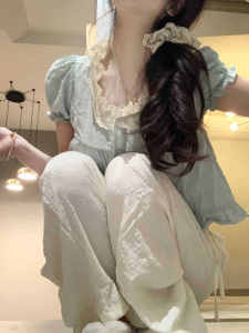 Sweet Youthful French Style Short Sleeve Shirt Womens Summer Lace Trim Bubble Sleeve Square Collar Mini Top Commute Korean Loose Fit