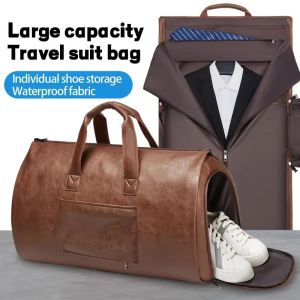 Leather Duffle Bag Adjustable Strap Shoulder Handbag Waterproof Extra Large Weekender Bag with Shoes Compartment for Hiking Trip