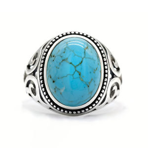 Huitan Created Turquoise Women Ring Silver Color Vintage Party Daily Noble Metal Accessories Texture Design Classic Jewelry