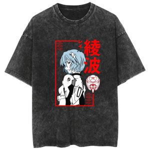 Bandai | Summer Fashion New Century Evangelion EVA Ayanami Pattern Design Outdoor T-shirt Y2K Harajuku Washed Short Sleeve Large