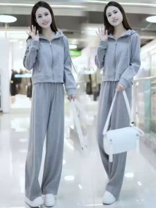 Casual Sportswear Set Womens Spring Autumn New Fashion Anti-Aging Hoodie Jacket Wide Leg Pants Two Piece Trendy Outfit