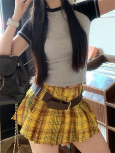 Váy Ngắn Chữ a Cạp Cao Kẻ Caro Phong Cách Hàn Quốc Cho Nữ Mùa Thu 2024 Váy Ngắn Xếp Ly Chống Ánh Sáng