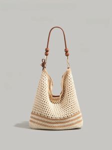 UR Fashionable Woven Hollow out Tote Bag Womens Summer Vacation Shoulder Bag Large Capacity Underarm Bag Beach Holiday
