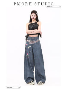 Quần Jeans Denim Ống Rộng Dài Đến Sàn in Hoa Phong Cách Mỹ Cạp Cao Cho Nữ Quần Dài Mùa Thu Đông Thiết Kế Rộng Rãi