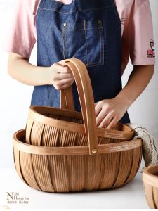 Outdoor Wicker Basket Picnic Basket Handheld Fruit Basket Rural Style Wood Weaving Bamboo Weaving Vegetable Basket