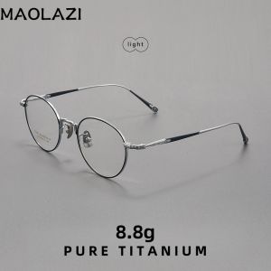 2133T กรอบแว่นตากลมไทเทเนียมแท้เรโทรแว่นตาสวมสบายแฟชั่น MAOLAZI แว่นสายตาที่มีใบสั่งจากแพทย์หรูหรา
