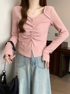 plus Size Womens Long Sleeve T-Shirt Square Collar Gathered Slim Fit Base Layer Top Korean Style Commute Pure Color Autumn Spring