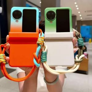 Hinge Full Protection with Braided Colorful Wrist Hand Strap Lanyard Gradient Color Hard PC Phone Case For OPPO Find N2 N3 Flip
