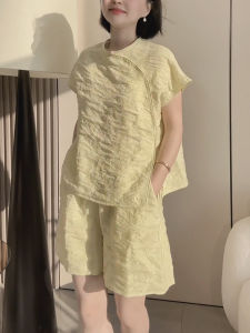 Summer Fashion Set Womens Loose Large Size Slimming Print T-shirt Shorts Two-Piece Set Anti-Aging Trendy round Neck Button-Up