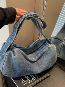 กระเป๋าสะพายข้างผ้าเดนิมแบบลำลองสำหรับผู้หญิง สายไหล่กว้าง กระเป๋าสะพายข้าง กระเป๋าสะพายข้างแฟชั่นอเนกประสงค์ สไตล์วันพีซ