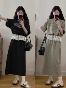 ชุดลำลองแขนสั้นผ้าโพลีเอสเตอร์ลายลูกไม้ฤดูร้อนสำหรับผู้หญิงไซส์ใหญ่ ชุดกระโปรงสั้นบุหรี่ทรงเอปิดกางเกงครึ่งตัว ชุดแฟชั่นสองชิ้น