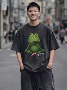 PAZHAOLANG | Plus Size Washed Cartoon Frog T-shirt Cotton Crew Neck