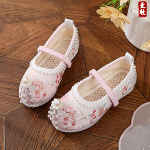 New 2025 Childrens Hanfu Shoes Embroidered Dance Shoes Upturned Toe Cotton Fabric National Style Shoes for Girls