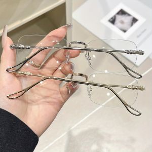 2PCS Transparent Rimless Eyeglasses Women Blue Light Blocking Glasses Designer Retro Shade Eyewear UV400 Silver Computer Glasses