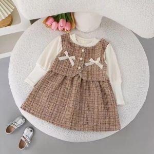 1-3T Girl Dress Spring Autumn New Long Sleeve Bow Plaid Outfit Kids Cute Clothes