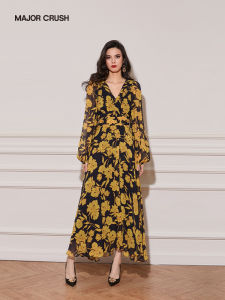 Vintage French Floral Print A-Line V-Neck Slim Dress