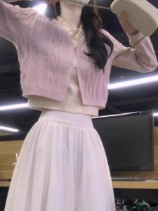 Korean Style Short Knitted Sweater Jacket Womens V-neck Soft Cozy Spring Autumn Sweet Style Fake Two-Piece Long Sleeve