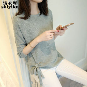 Spring Autumn Long Sleeve T-Shirt Womens Loose Short Knitted Base Shirt Thin Fashionable Line Shirt Butterfly Knot Hollow out