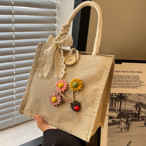 Summer Portable Lunch Box Bag Womens Single Shoulder Fashionable Handbag Korean Style Casual Soft Canvas Tote Bag