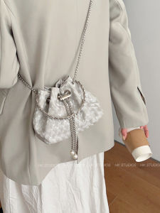 Elegant Chain Strap Mini Bucket Bag Womens Summer New Single Shoulder Crossbody Loose Silver Handbag Korean Style Soft PU