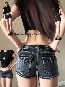 Low Waist Slim Fit Short Pants Womens Retro Washed Elastic Tightening Leg Lengthening Butt Enhancing Hot Pants Casual Style