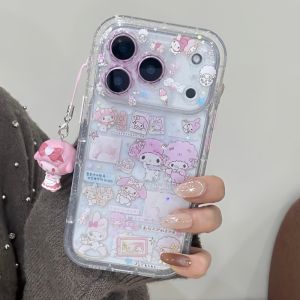 Sanrio | Cute My Melody Glitter Phone Case With 3D Doll Pendant Shockproof Big Window Lens Protective Cover For iPhone 16 15 14 17Pro Max
