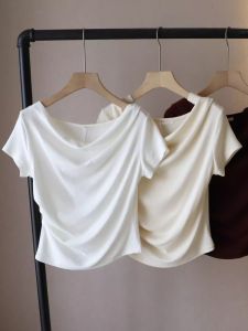 Korean Style Pleated Fleece Knit Top Womens Short Sleeve T-Shirt Drawstring Waist Slimming Spring Summer New Arrival