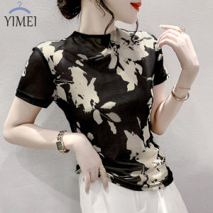 Yimei 2023 Áo thun lưới nửa cổ cao Mới Mùa Hè Ngắn Tay bó sát in thời trang Áo thun nữ hợp thời trang và áo phong cách hoài cổ