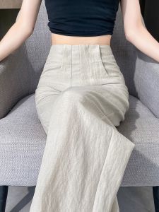Summer Thin Wide Leg Pants Womens Ice Silk Cotton Linen Samurai Pants High Waist Straight Cut Commute Style Korean Fashion