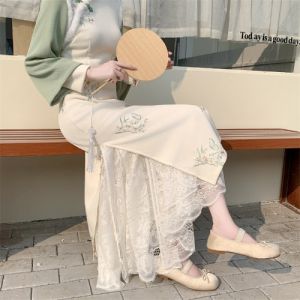 Elegant Mid-Length A-Line Skirt Womens Cheongsam Lace Underdress Elastic Waist Slimming Midi Skirt Embroidered Full Flounce