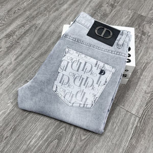 Fashionable Slim Fit Mens Jeans with Print Washed out Light Grey Comfortable Stretchy Casual Wear Youthful Trendy Long Pants