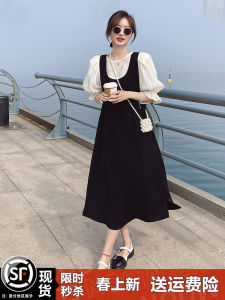 French Sweet Black Strap Dress Women Summer 2025 New Retro Gentle Bubble Sleeve Set Long Dress A-Line Skirt Short Sleeve round Neck
