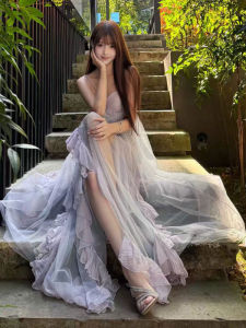 CHANGTONG | Resort Style Lace Trimmed Halter Dress Irregular Waist