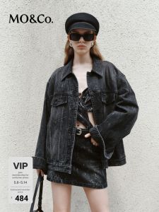 MO&Co. | Cotton Heavy-duty Lasered Vintage Rock Washed Black Denim Jacket