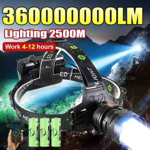 360000000LM High Power LED Headlamp USB Rechargeable Headlight Long Range 2500M Head Flashlight Fishing Hunting Work Head Torch