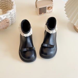 Girl Lace Pearl Boots Soft Bottom Baby Princess Boots 2024 Winter Childrens Ankle Boots Baby Fleece-Lined Leather Boots