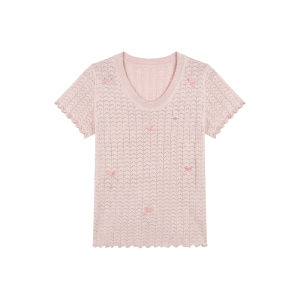 Pink Bow and Ruffled Design Slim Fit Knit Top