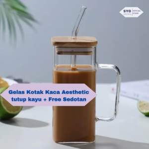 Gelas Kaca Gelas Kotak Kaca Aesthetic tutup kayu 350ml dengan sedotan