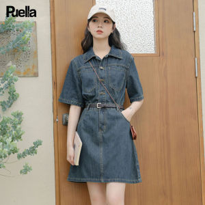 Puella Summer New French Retro Design Slimming Denim Dress High Waist Short Sleeve mid Length Polo Collar A-Line X-Shape Dress