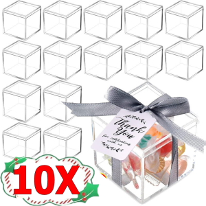 10pcs Transparent Acrylic Boxes with Cover / Clear Acrylic Candy Box / Plastic Square Cube with Lid / Transparent Plastic Jewelry Storage Box / Christmas Party Gift Packing Box