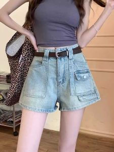High Waist Straight Leg Denim Shorts Womens Summer Workwear Wide Leg A-Line Hot Pants plus Size Retro American Style