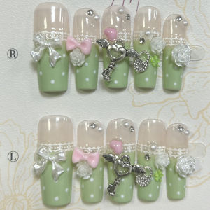 Y2K Vintage Gyaru French Lace Long Handmade Press On Nails Bow Pearl Polka Dot Clover Fake Nails Cute Mint Green Lolita Nail Art