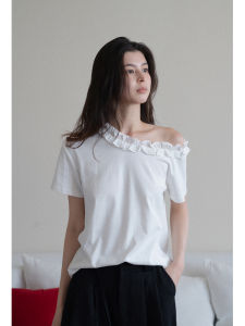Áo Thun Nữ Dáng Rộng Mùa Hè Mới Màu Trắng Có Chi Tiết Ren Một Bên Vai Cổ Tròn Tay Ngắn Chất Liệu Polyester Phong Cách Dễ Thương