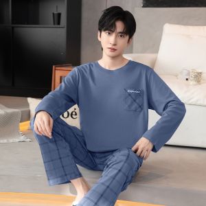 Mens Long Sleeve Long Pants Sleepwear Set Spring Autumn New Style Korean Splicing Color Home Clothes Youth Outdoor Wear