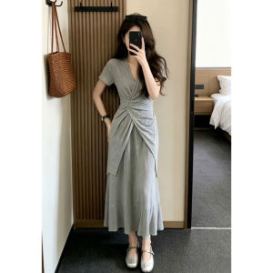 NIUVIES | Đầm Hai Mảnh V-neck Giúp Gầy Đẹp Màu Xám