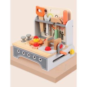 Wooden Toolbox with Gears STEM Kids Toy Mechanic Workbench Table Set Pretend Play Repair Tools Suitcase with Screwdriver