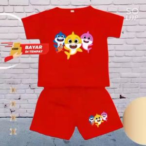 Stelan anak celana baju usia 1-8 tahun lengan pendek shark