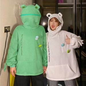 Oversized Hoodies Women Men Sweatshirt Autumn Green Fleece Frog Hoodie Harajuku Embroidered Hooded Pullover