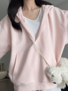 Pink Hoodie Womens Spring New Style Lazy Fashion Outerwear Top V-neck Long Sleeve Cotton Inner Pure Color Korean Version