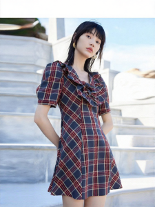 Vero Moda | Bow A-Line Bubble Sleeve Plaid Retro Dress